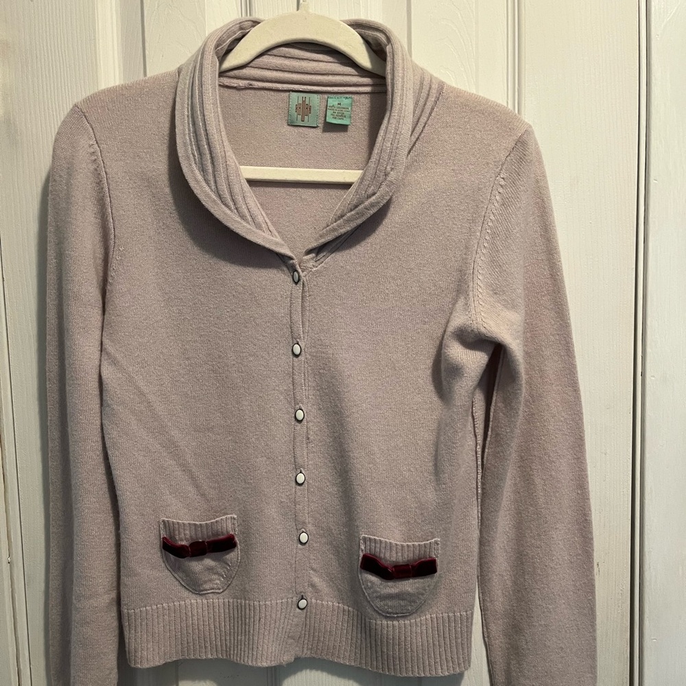 Anthropologie HWR Cashmere Cardigan Rolled Collar Light Lilac Milk Glass Buttons